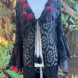 BohobyDarija Bohemian shabby chic artsy gothic duster coat lace cover embellished with a dream flower bed XSmall to Medium
