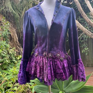 BohobyDarija Bohemian shabby chic tattered denim jacket artsy embellished upcycled whimsical XS to Small