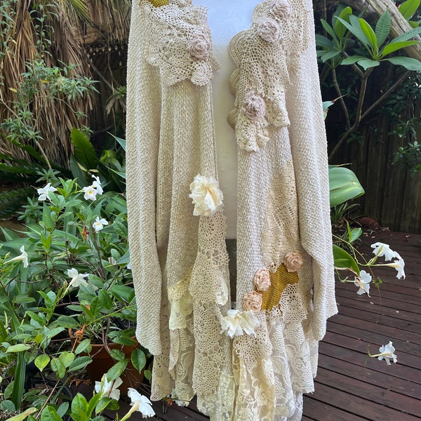 Bohemian shabby chic artsy irregular knit kaftan cardigan embellished with a dream flower bed BohobyDarija Medium to XLarge