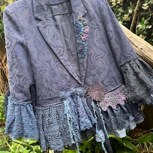 BohobyDarija Bohemian shabby chic jacquard jacket embellished with vintage crochet and tattered delicates Medium to Large