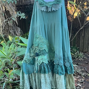 BohobyDarija Bohemian forest green romantic tattered reworked summer cotton dress, fairy, woodland, Large to 2XL