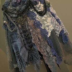 BohobyDarija Bohemian tattered denim and lace upcycled summer pixie skirt, woodland XS to Large