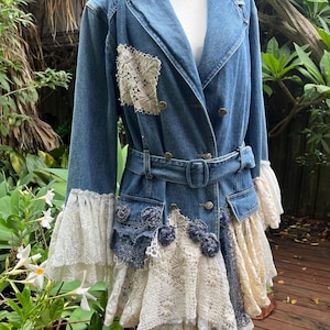 BohobyDarija Bohemian shabby chic tattered denim trench jacket artsy embellished upcycled whimsical Medium to Large
