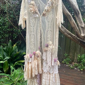 BohobyDarija Bohemian shabby chic artsy open front duster coat lace cover embellished with a dream flower bed Free Size