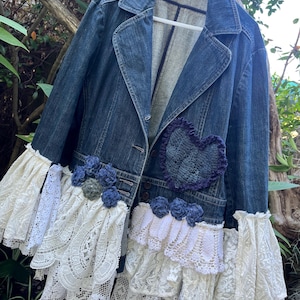 BohobyDarija Bohemian shabby chic tattered denim jacket artsy embellished upcycled whimsical Large