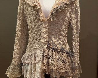 Bohemian shabby chic cotton blend jacket embellished with vintage crochet and tattered flowers BohobyDarija Medium to Large