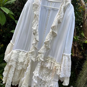 BohobyDarija Voluptuous Bohemian shabby chic linen blend jacket embellished with vintage crochet and tattered flowers Plus Size