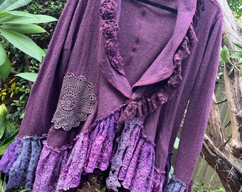 Voluptuous BohobyDarija Bohemian shabby chic magnolia pearl inspired tattered wool blend jacket artsy embellished upcycled whimsical XL-XXL