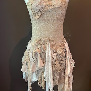 BohobyDarija Bohemian beige romantic artsy reworked stretch tattered pixie top XSmall to Large