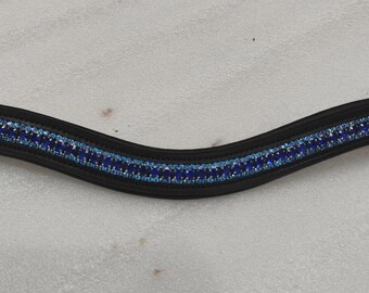 Blue Crystal Horse Browband 3 Row Leather, All Sizes For Horse.