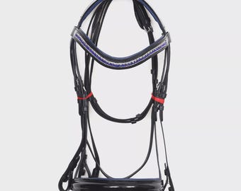 Dressage Leather Bridle With 3 Row Blue Crystal Chain & Blue Padding For Horse.