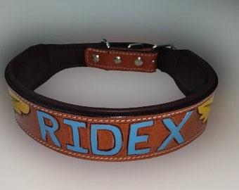 Personalized Collar With Name // Personalised Leather Dog Collar // Heavy Duty Padded Leather Feather Tooled Dog Collar.