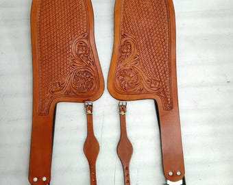 Hand Tooled Leather Western Saddle Fenders, Adult Size, Blevins Buckles For Horse.