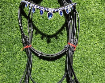 Dressage Leather Bridle Blue Stone Crystal Brow-band With Softy Padding .