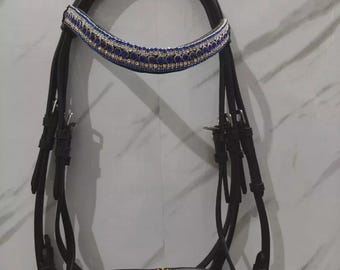 5 Row Blue/White Leather Crystal Browband Weymouth Horse Bridle Of All Sizes For Horse.