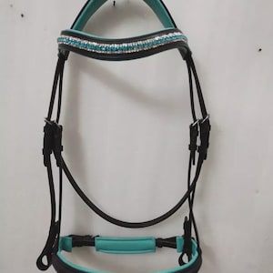 May include: A black leather horse bridle with turquoise accents and a row of turquoise rhinestones.