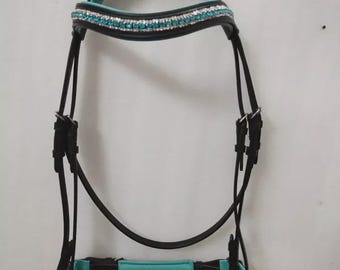 Dressage Leather Bridle: Turquoise Browband, Padded Noseband For Horse.