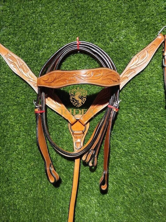Manaal Enterprises Western Tête en cuir sculpté à la main Collier poitrine rênes Taille complète