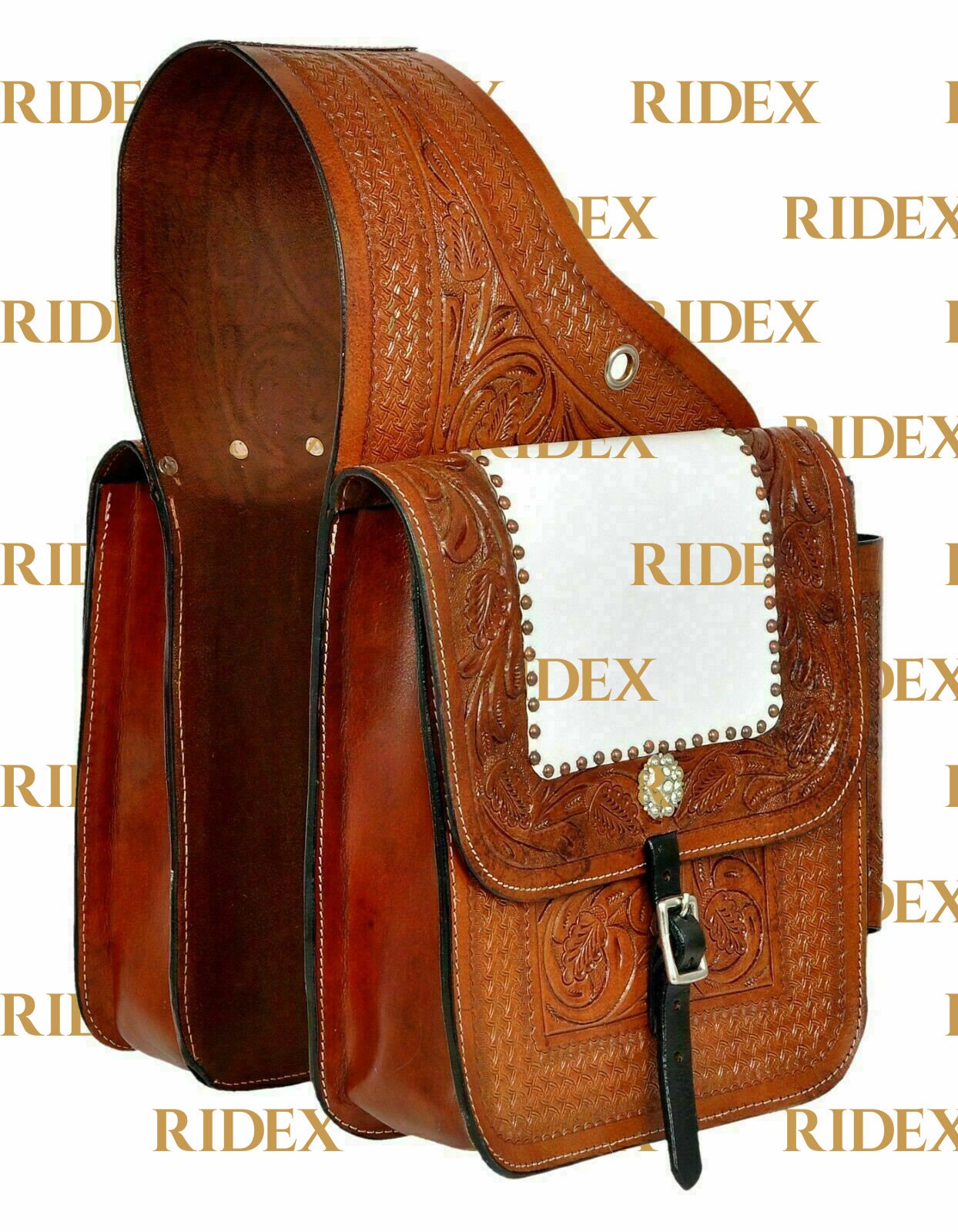 Sacoche avant en cuir avec vannerie pour selle western