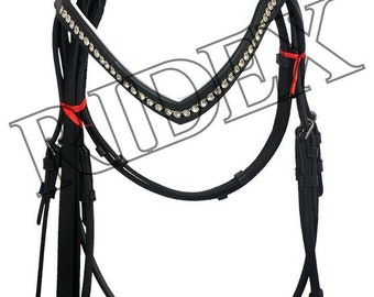 Handcrafted Dressage Durable Leather bridle Black with white crystal on Browband All Size .