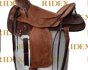 Western Wade Tree Roping Ranch Horse Leather Saddles All Sizes With Set For Horse.