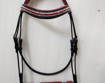 3 Row Browband With Red Padding Dressage Leather Bridle & Patent Noseband For Horse.
