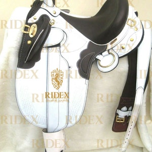 New Leather Australian Stock White Horse Tack Saddle Size 10&quot;-21&quot; with accessories.