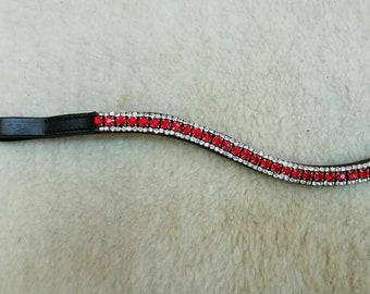 Stunning 3 Row (Clear + RED + Clear) Crystal Durable Horse Brow-band .