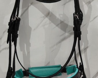 Leather Anatomic Dressage Bridle With Turquoise Stone 3-Row Browband & Padding For Horse.