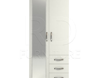 White Wardrobe Ready assembled Classic 2 Door 3 Drawer Combi Mirrored Wardrobe, Double Wardrobe With Mirror