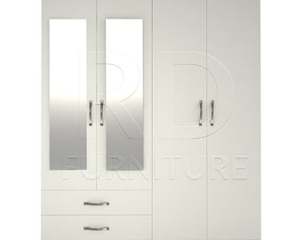 White Wardrobe, Large Wardrobe Ready assembled Classic 4 Door 2 Drawer Mirrored Wardrobe