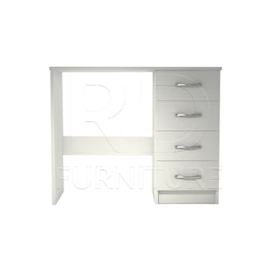 May include: White desk with four drawers and silver handles. The desk is made of wood and has a simple design.