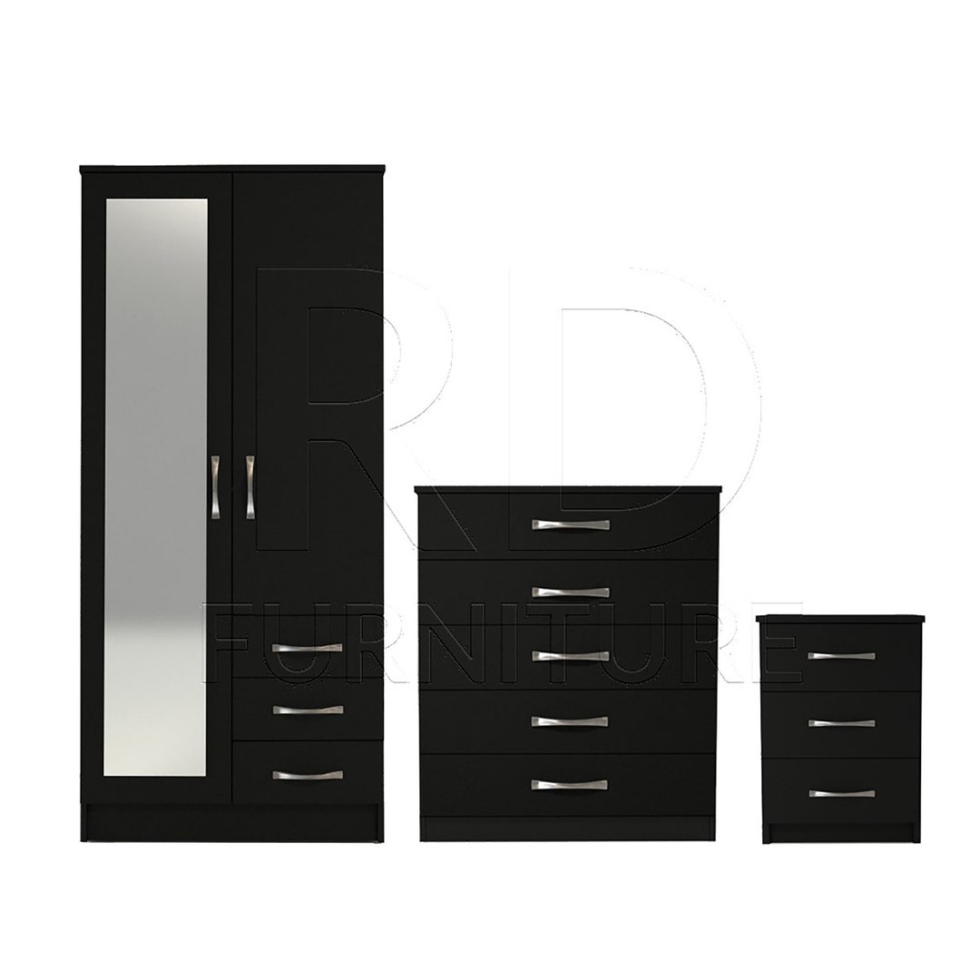 Bedroom Set, Black Bedroom Set, Black Wardrobe, Mirrored Wardrobe