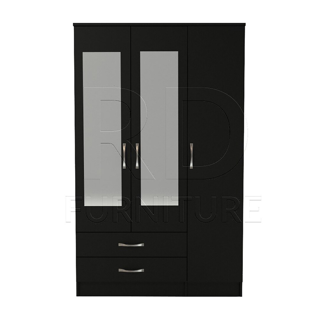 Black Wardrobe, Triple Wardrobe Ready Assembled Classic 3 Door 2 Drawer