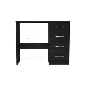 May include: Black desk with four drawers and silver handles. The desk has a simple design and is made of wood.