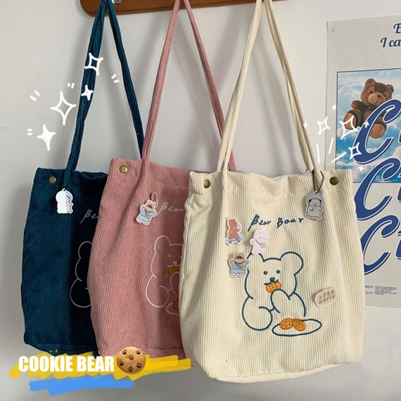 Korean Tote Bag Cute Bear Corduroy Shoulder Bag Embroidery 