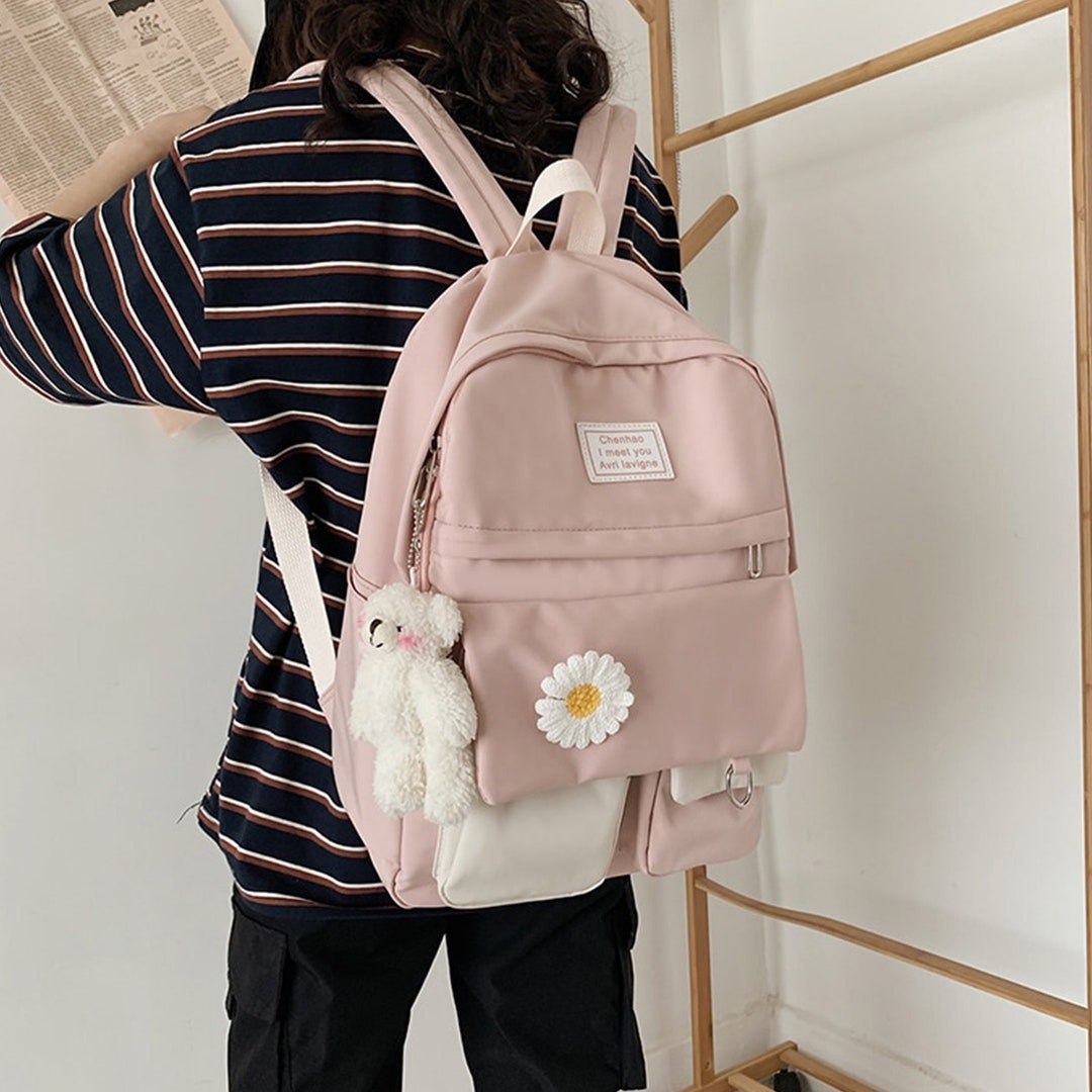 Cute Pink Daisy Backpack With Bear Pendant kawaii Bagnylon - Etsy