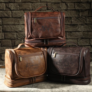 Grote toilettas voor heren, gegraveerde hangende toilettas, waterdichte leren scheerset/toilettas, cadeau voor hem, Valentijnsdagcadeau