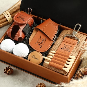Gepersonaliseerde bruine golf geschenkdoos, gazon gereedschap bal marker set, golf geschenkset, golfbal tag, golfer cadeau, cadeau voor mannen