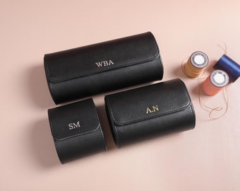 Personalized Leather Watch Case, Minimalist Black Engraved Watch Roll, Travel Watch Roll, Watch Box for 3 Watches, Groom Gift