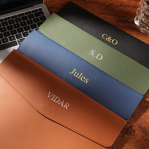 Può includere: Una collezione di custodie per laptop personalizzate in vari colori: marrone chiaro, blu, verde e nero. Ogni custodia presenta un nome o delle iniziali in un colore a contrasto. Le custodie sono disposte su una superficie di legno.