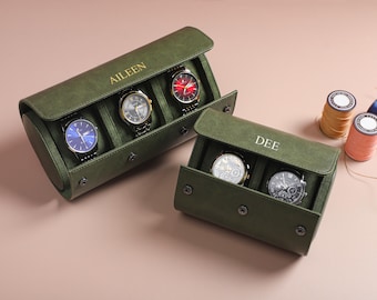 Vintage green leather watch box, personalized watch box for men, travel watch case, watch roll for 3 watches, Father&#39;s Day gift for dad
