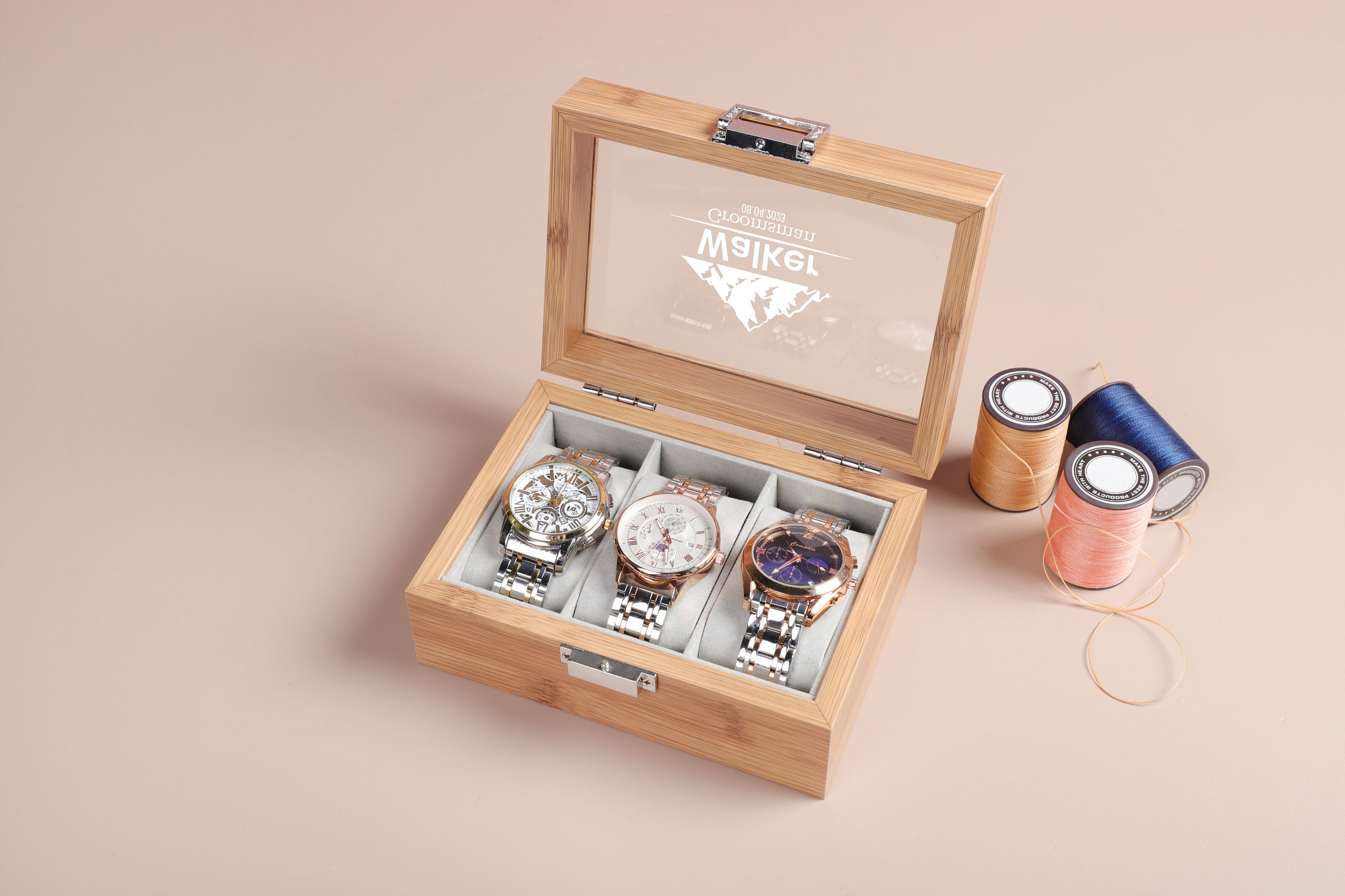 Personalized 3Slots Watch Box for Men, Custom Watch Storage Box, Watch Organizer, Groomsmen Gifts, Gift for Him