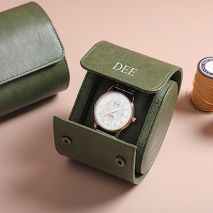 Gepersonaliseerde horlogedoos voor mannen, vintage groene lederen horlogedoos, reishorlogekast, horlogerol voor 3 horloges, vaderdagcadeau voor papa