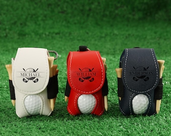 Personalized golf ball bag, leather golf ball bag, golf accessories, engraved golf bag, golf gift for him, golf ball and tee holder