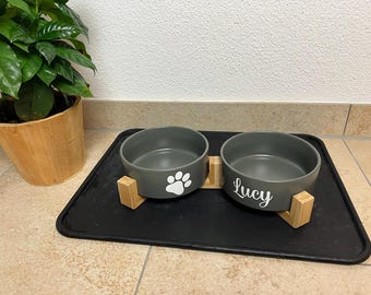 Futternapf Haustier mit personalisiertem Text, Pfote und Name, Katze, Hund, Fressnapf Trinknapf, Geschenkidee, Keramiknapf mit Erhöhung