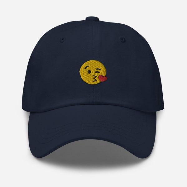 BlowIng kiss emoji hat,full color embroidered, dad hat, 100% Chino Cotton Twill, Unisex kissing Hat, kiss hat for men, women.