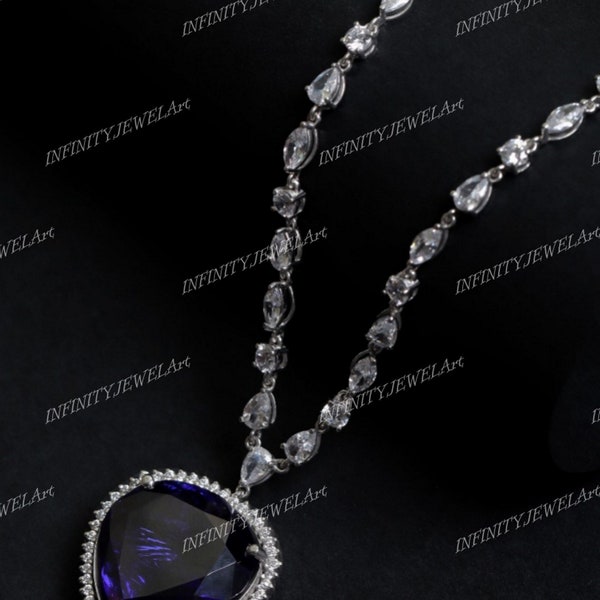 35.00 Carat Blue Heart Cut Diamond Necklace In 935 Argentium Silver, Heart Of The Ocean Titanic Necklace Inspired by Titanic Gift For Women