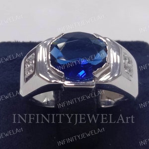 2.50Ct Blue Sapphire Men’s Ring, Oval Cut Solitaire Engagement, Wedding & Anniversary Ring in 925 Sterling Silver, Bezel Set, Gift for Him