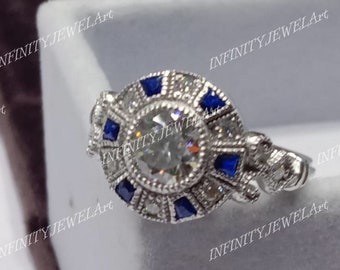Fede nuziale di fidanzamento con diamante a taglio rotondo bianco da 1,90 ct in argento argentium 935, anello Art Déco, anelli di fidanzamento antichi vintage per donne
